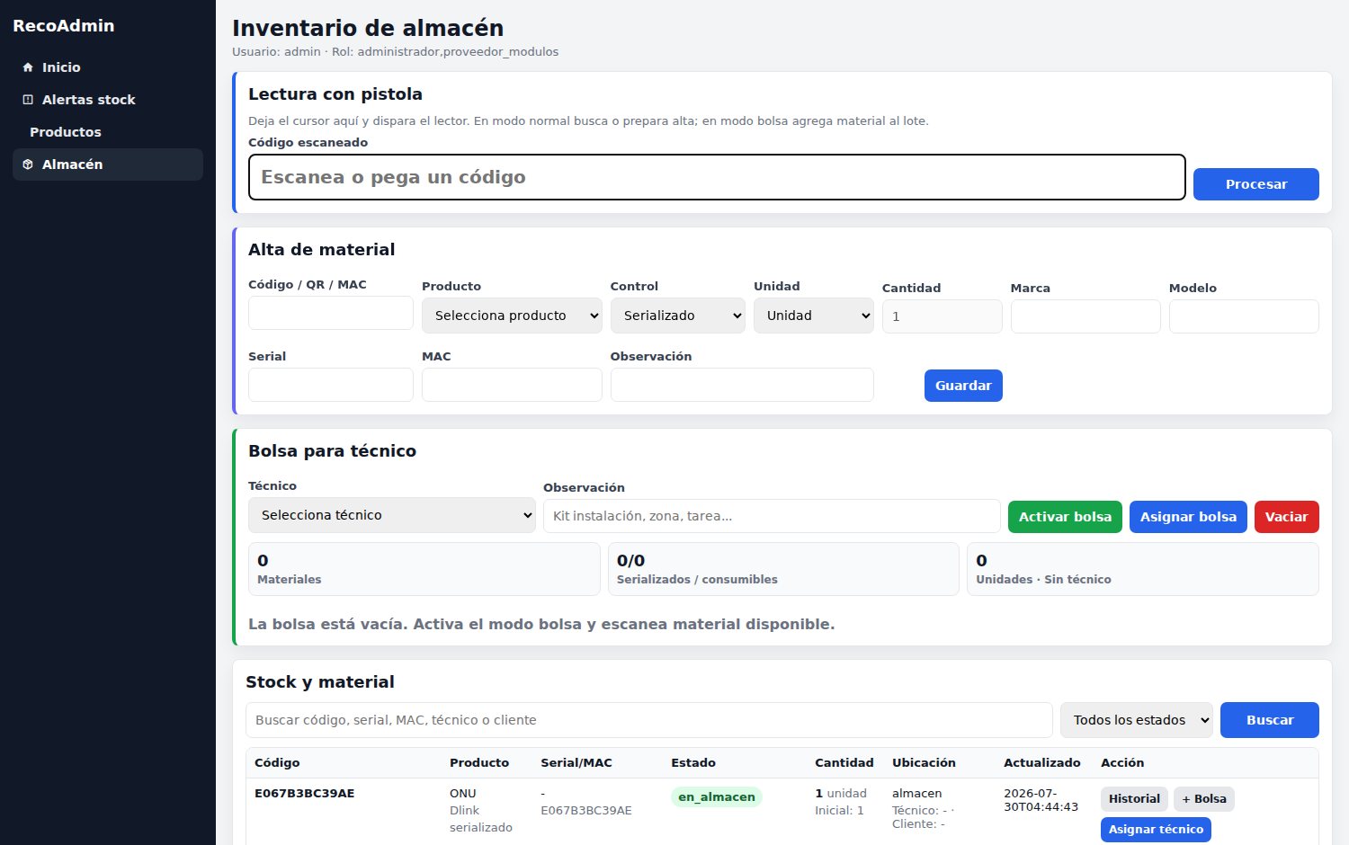 Inventario de almacén de RecoAdmin