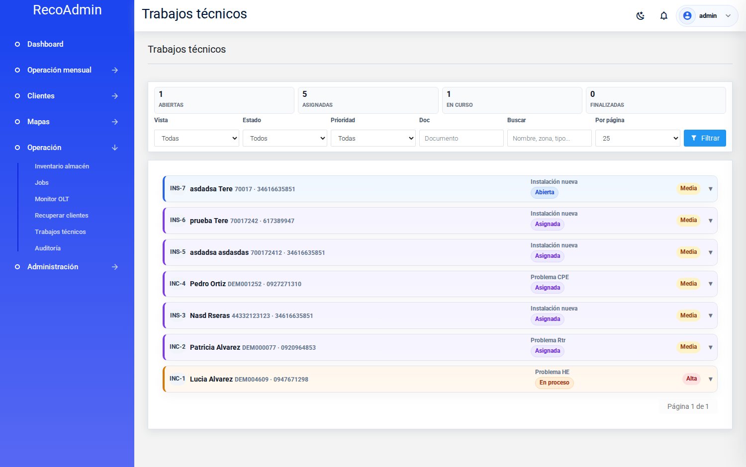 Gestión de trabajos técnicos de RecoAdmin